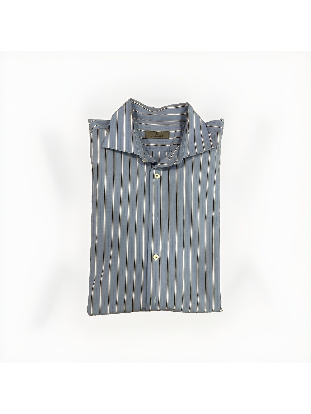 CANALI MENS DRESS SHIRT BLUE WITH WHITE STRIPES 18/46 2XL MADE IN ITALY VGC
